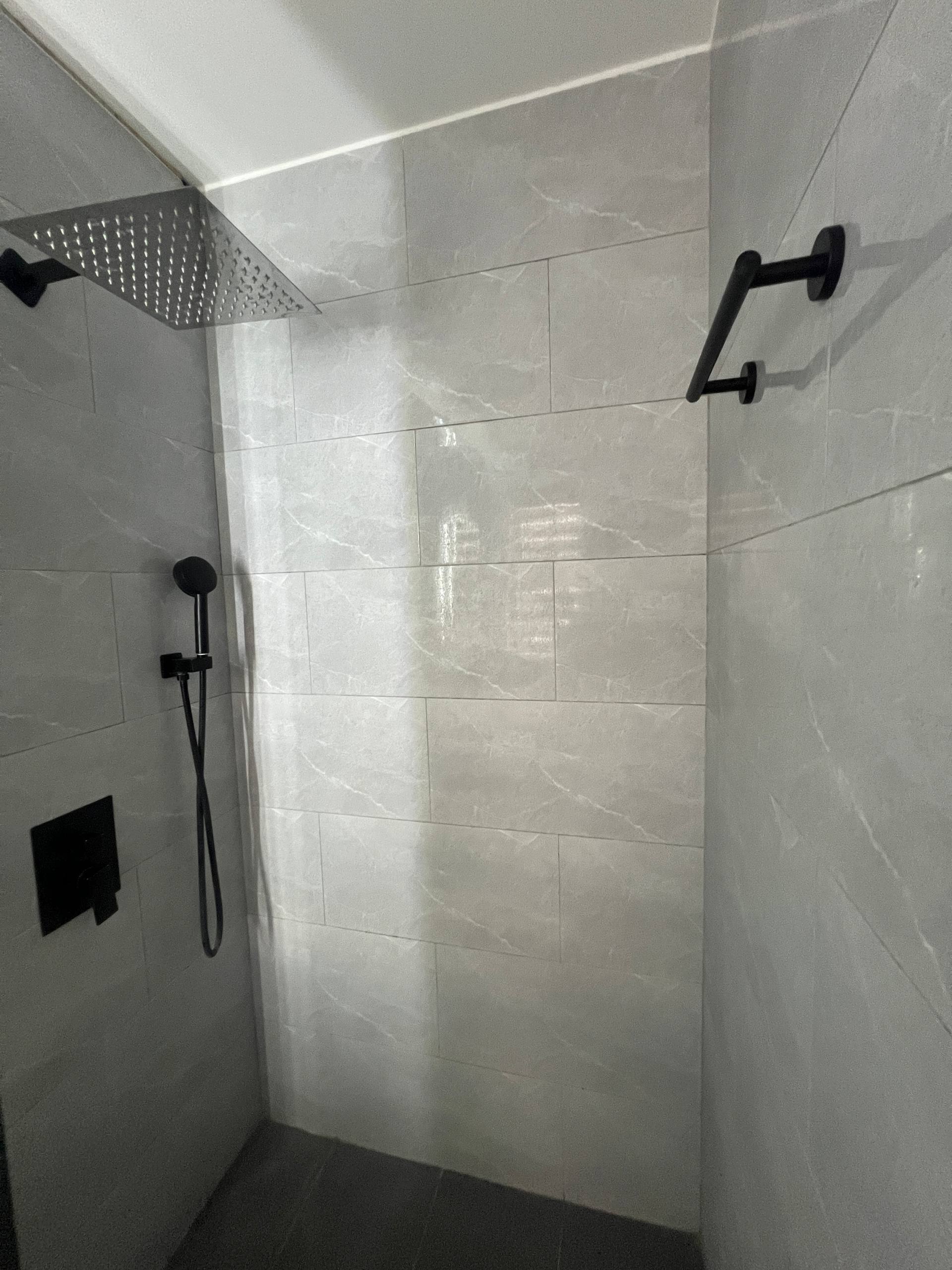 En-suite shower with rainfall head, handheld and grab bars