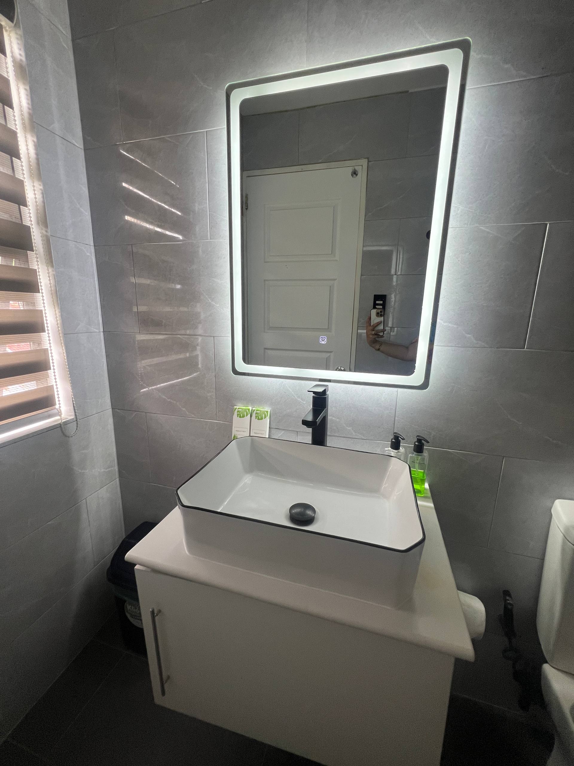 En-suite mirror reflection and toilet area