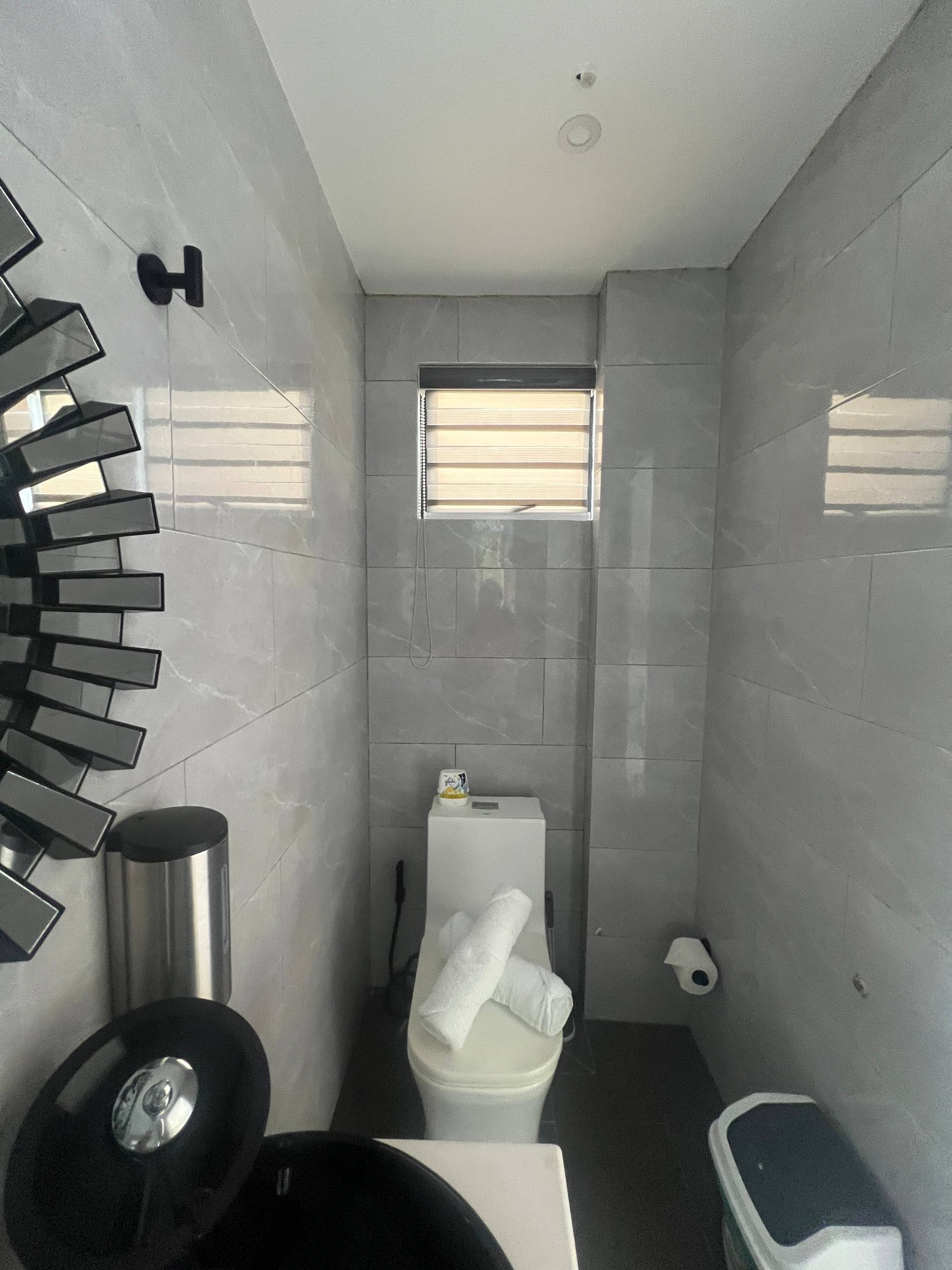 En-suite toilet area with towels, window and trash bin